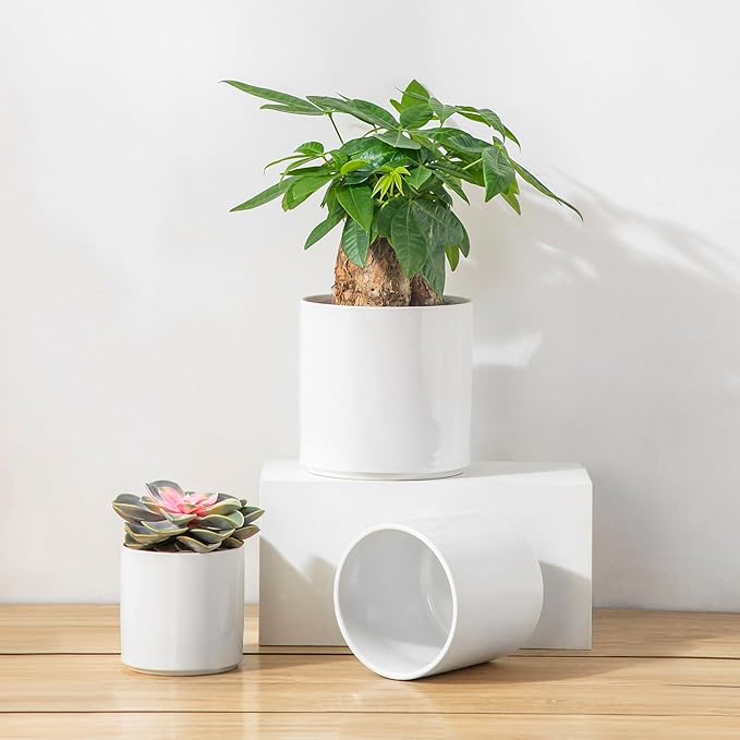 vancasso Ceramic Plant Pots, 4.25+5.25+6.25 Inch Planter Pot with Drainage Hole, Flower Pots for Indoor Outdoor Plants, Set of 3, White