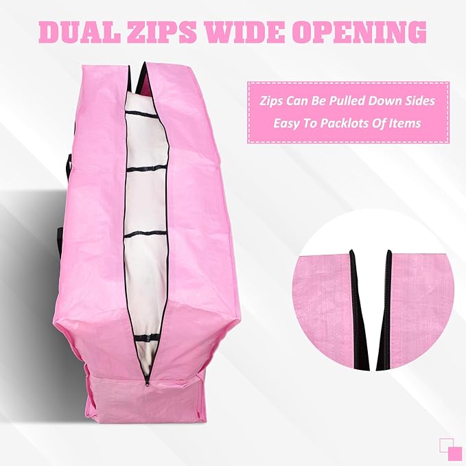 Windyun 4 Pack 57 Gallon Extra Large Storage Bags XXL Moving Bags with Zipper Handles Heavy Duty Jumbo Big Tote Box for Christmas Tree Storage 4, 5, 7.5, 9, 10, 12 ft Skeleton College Dorm(Pink)