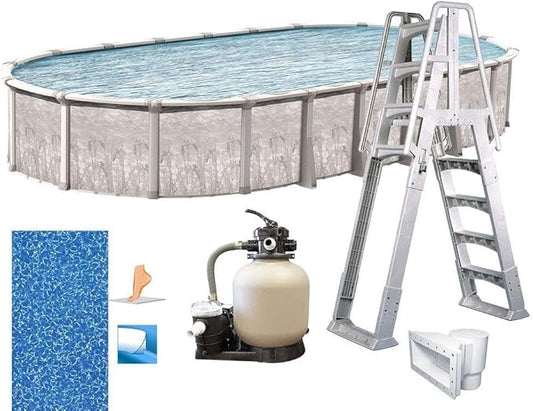 In The Swim 15' x 26' Oval Above Ground Swimming Pool - Marina Package - Featuring: Sand Filter, Pump System and A-Frame Ladder