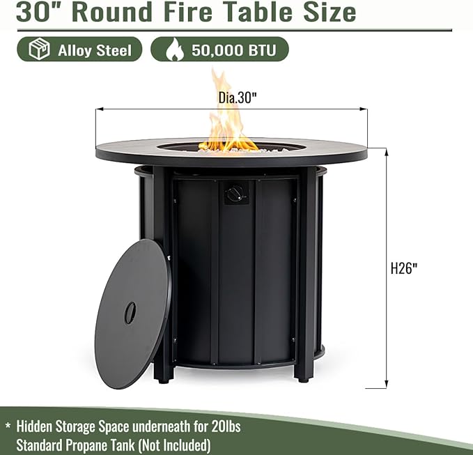 Propane Fire Pit Table, 30" Firepits for Outside, Gas Fire Pit for Outside Patio, Propane Fire Table with Ceramic Tabletop for Patio, Deck, 50000BTU, Tank Inside, Tank Not Included, Black