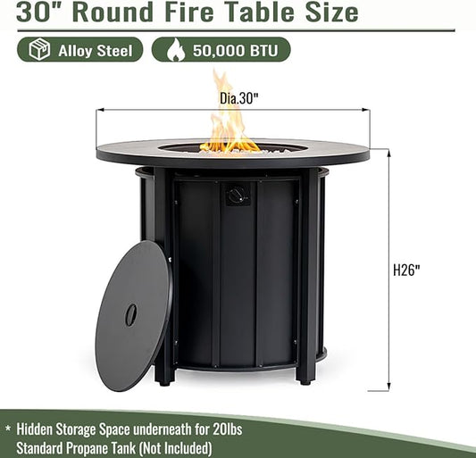 Propane Fire Pit Table, 30 Inch Firepits for Outside, Round Gas Fire Pit for Outside Patio, Propane Fire Table with Wood Grain Ceramic Tabletop for Patio, Backyard, 50000BTU, Black