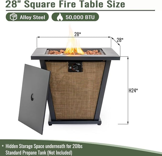 Propane Fire Pit Table, 28" Firepits for Outside, Gas Fire Pit for Outside Patio, Propane Fire Table w/Rain Cover, Steel Lid for Patio, 50000BTU, Tank Inside, Tank Not Included, Black+Brown
