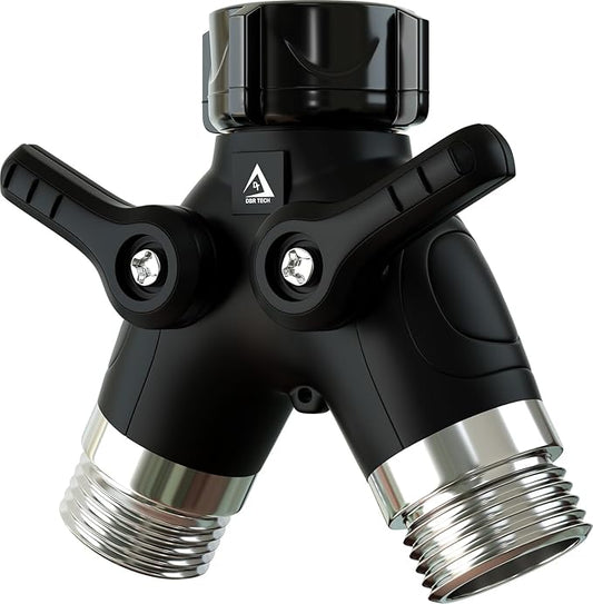DBR Tech® Garden Hose Splitter 2 Way Heavy Duty | Faucet Adapter with Long Handle, Outdoor Water Spigot Hose Bib Y Wye Splitter, Dual Outlet Shut Off Valve Hose Connector, Leak Free