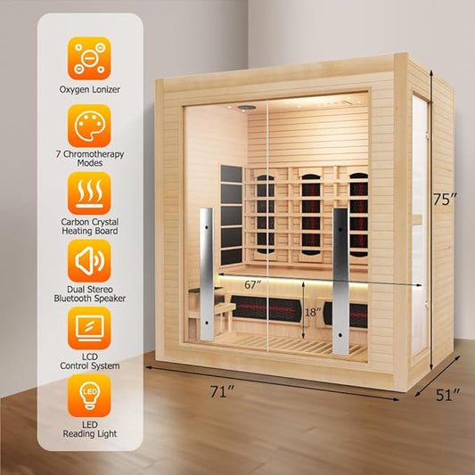 3-4 Person Hybrid Home Wood Sauna, Indoor WiFi Control Far Infrared & Traditional Canadian Hemlock Steam Saunas Spa with Red Light Therapy, 11 Heating elements & Electric Stove, Accessories, Rightdoor
