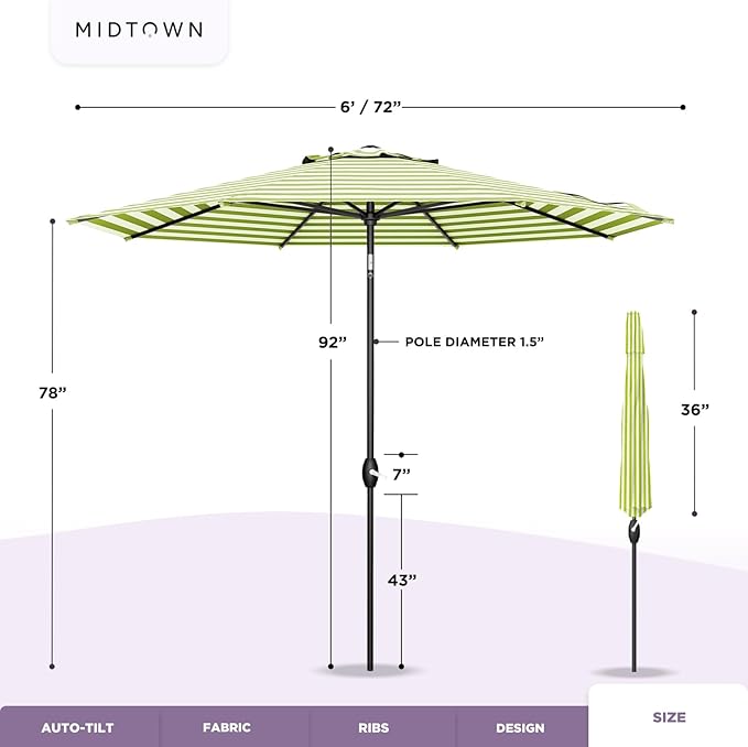 MIDTOWN UMBRELLAS The Lean 6 Feet Outdoor Umbrella With Terylast Pear Stripes (Green/White Stripes) Polyester Fabric - Auto-Tilt Aluminum Frame Patio Umbrella For Deck, Garden, Pool - Black Pole