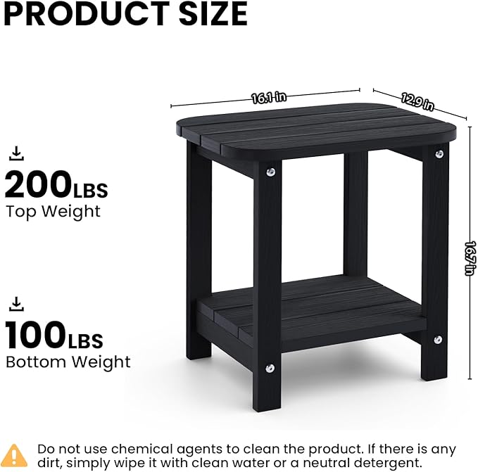 UQQUUNIQ 2-Tier Outdoor Side Table, 16" Adirondack Small Side Table All Weather Resistant, Patio End for Outside or Indoor, Patio, Yard, Pool, Porch, Garden, Black