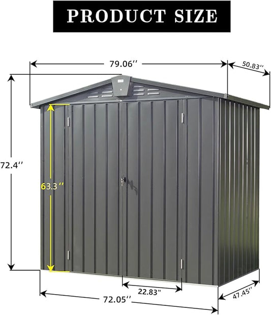 Metal Garden Storage Shed 6.5x4.2ft Outdoor, 167 Cu.Ft Large Capacity Tool Shed with Spire Roof & 20 Vents - Galvanized Steel Lockable Double Doors for Backyard, Patio (Dark Gray)