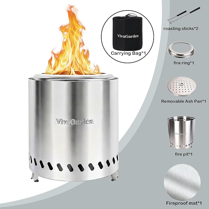 9.5 X 8.6 Inch Tabletop Fire Pit, VivaGarden Portable Firepit, Smokeless Table Top Firepit, Safe Burning Camping Stove, Fueled by Pellets or Wood, Forks, Mat & Travel Bag Included, Silver