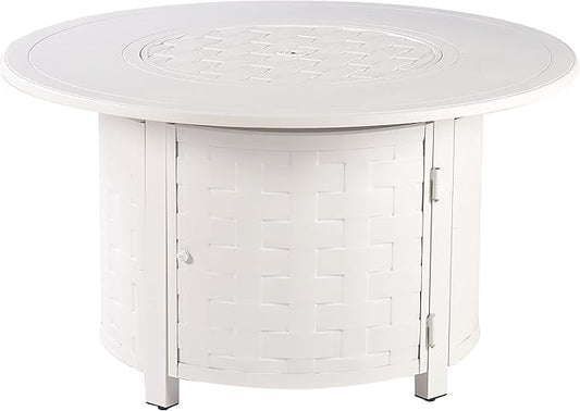 Round 44 in. x 44 in. Aluminum Propane Fire Pit Table with Glass Beads, Two Covers, Lid, 57,000 BTUs in White Finish