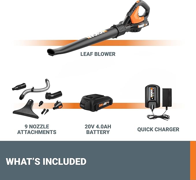 WORX Cordless Leaf Blower, Electric Blowers for Lawn Care with 120 MPH & 3.5 LBS, Long Nozzle Design for Narrow Spaces with Cleaning Attachments, Battery & Charger Included, WG545.1