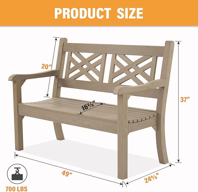 Psilvam 49''W All-Weather Poly Lumber Outdoor Bench – Grey, 2-Person Garden Bench with Decorative Backrest & Curved Armrests, Anti-Fade Patio Bench for Porch, Backyard, and Park(Grey)