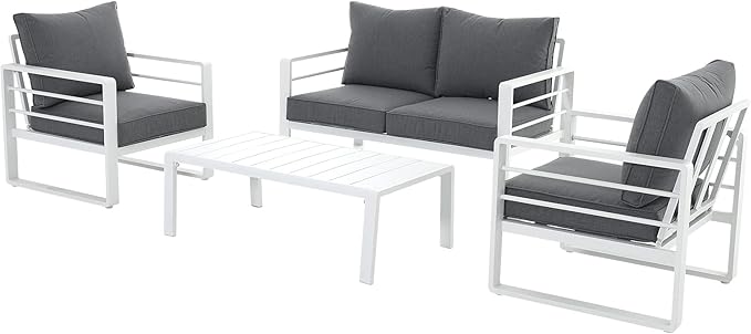 Patiorama Aluminum Patio Furniture Set, 4 PCS Modern Patio Conversation Set, All Weather White Outdoor Sectional Sofa Set w/Coffee Table, Loveseat, Superior Olefin Cushion, Garden-Grey Cushion