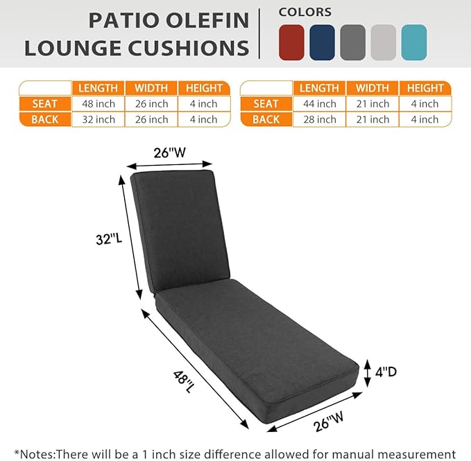 Sundale Outdoor Olefin Chaise Lounge Cushion, Water-Resistant Patio Lounge Chair Cushion, Thick Lounger Pad with 4 Straps Medium Gray, 80 x 26 x 4 Inches