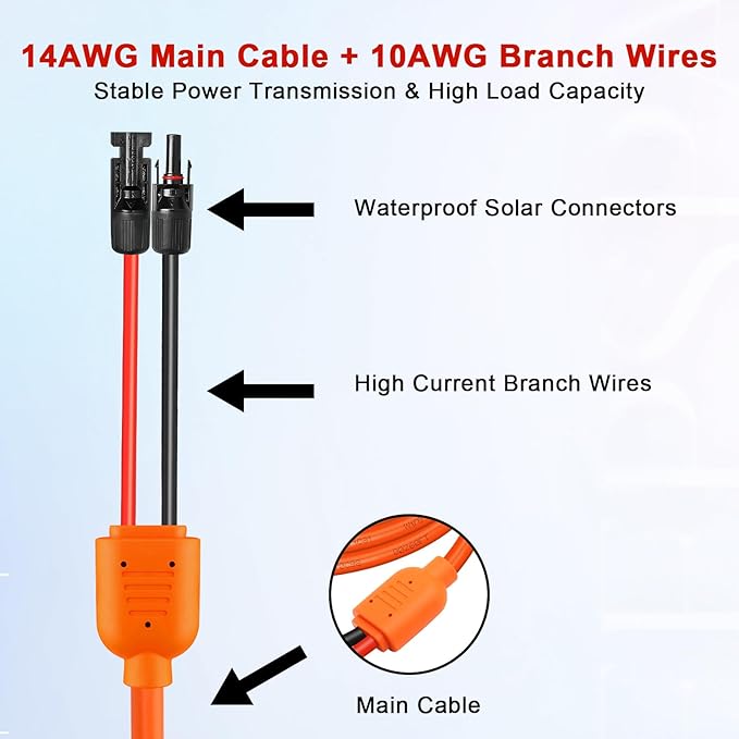XRDS -RF Solar Extension Cable 75FT, 14AWG Tinned Copper with Solar Panel Connectors, 10AWG Red & Black Branch Wires, Heavy Duty Outdoor Power Cord for RV, Inverter, Generator, Off-Grid System