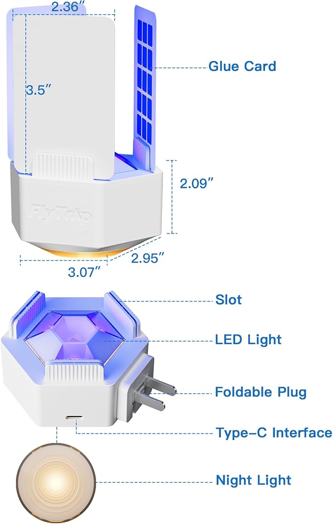 Plug-in Fly Trap Indoor with Three-Sided Glue Board, 2 in 1 Gnat Traps for House Indoor with UV & Night Light, Flying Insect Trap for House & Fruit Flies (1 Device + 6 Glue Boards) (White)