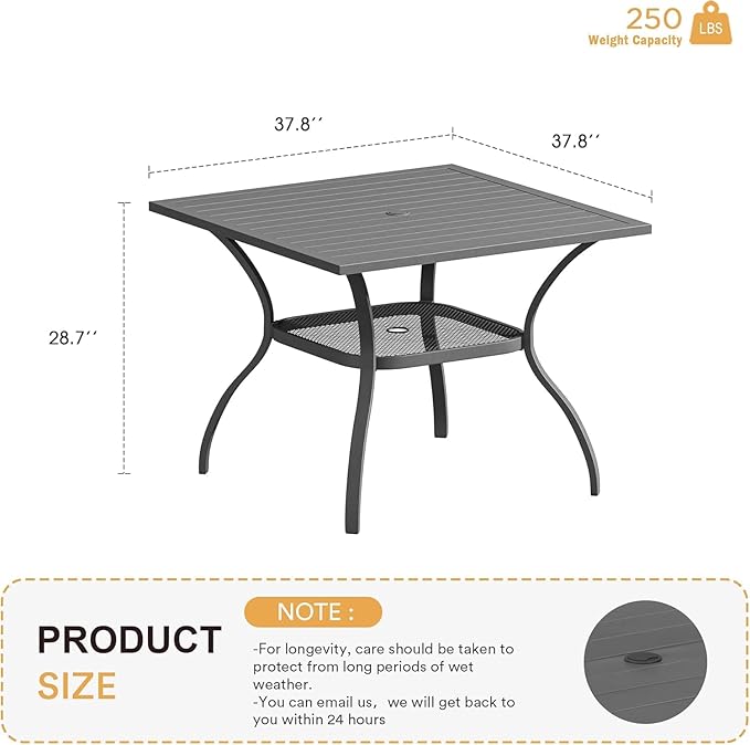 VICLLAX 37.8" Square Outdoor Patio Table, All Weather Metal Outdoor Dining Table for Lawn Garden, Grey Wood-Like Tabletop