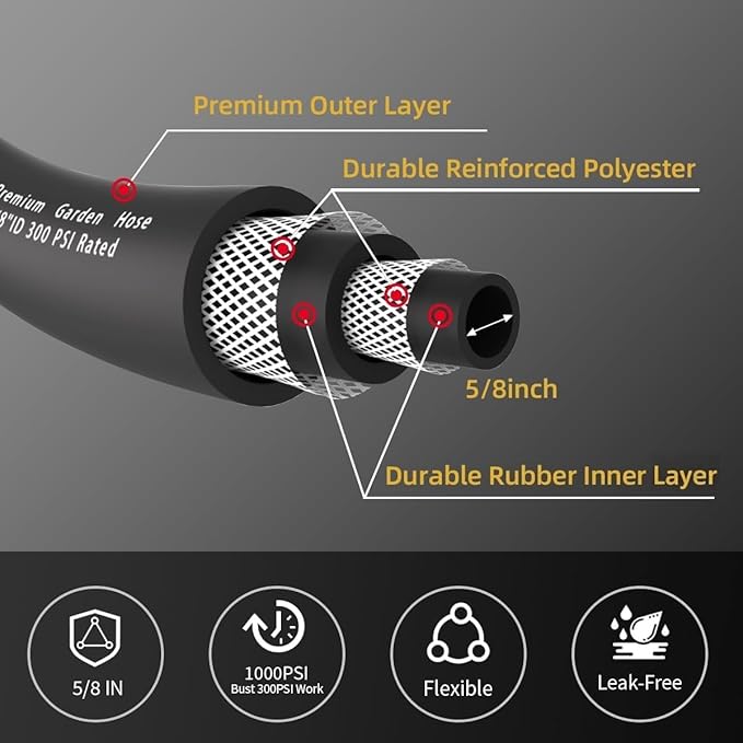 WiseFlow Garden Hose 150FT x 5/8", Heavy Duty Rubber Hose, Water Hose with Five Layered Braiding, Male Female Fittings, 1000PSI Burst, 300PSI Working (Black)
