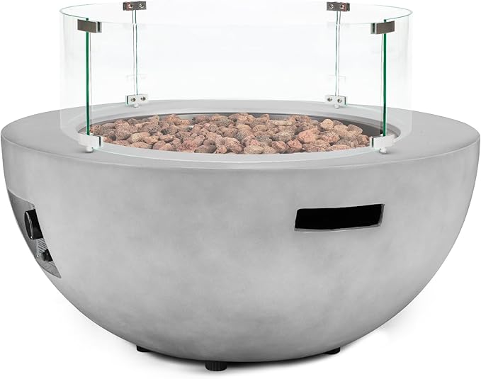 31.5 Inch Round Outdoor Propane Fire Pit Table,50000 BTU Concrete Fire Pit with Glass Wind Guard,CSA Certified,Includes Steel Lid & Weather Cover for Patio,Backyard,Deck Garden