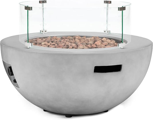 31.5 Inch Round Outdoor Propane Fire Pit Table,50000 BTU Concrete Fire Pit with Glass Wind Guard,CSA Certified,Includes Steel Lid & Weather Cover for Patio,Backyard,Deck Garden