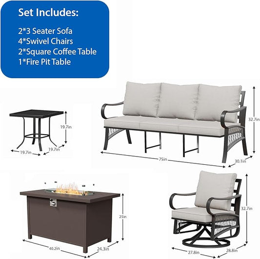9 Piece Patio Furniture Set, 4 Single Swivel Chairs, Rope Braided Exposed with Thick Cushions, Outdoor All Weather Patio Conversation Sectional Sofa Set for Garden, Porch, Lawn, Beige