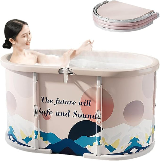 Genrenyen Ice Bath Tub No Installation 39" Oval Portable Bathtub for Shower Stall, Foldable Hot Cold Plunge Tub for Adults, Folding Large Baths at Home Outdoor Indoor (Blue, 39.3"×22.8"×20.8")
