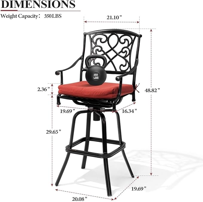Crestlive Products Outdoor Bar Stools with Sunbrella Cushion Set of 4, 360° Swivel Patio Bar Height Chairs, All Weather Heavy Duty Commercial Grade Furniture, Antique Brown Finish for Outside (Red)
