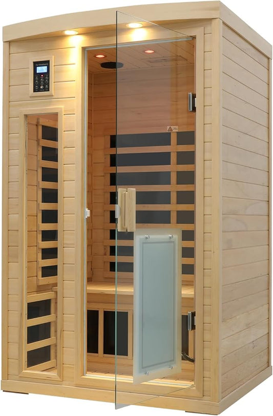 LTCCDSS 2 Person Ultra Low EMF（0-1mG）Infrared Sauna, Hemlock Wooden Far Infrared Sauna for Home with 8 Heaters, 2* Bluetooth Speakers, Reading Lamps, Outdoor Lamps, 3 Chromotherapy Lamps Indoor Sauna
