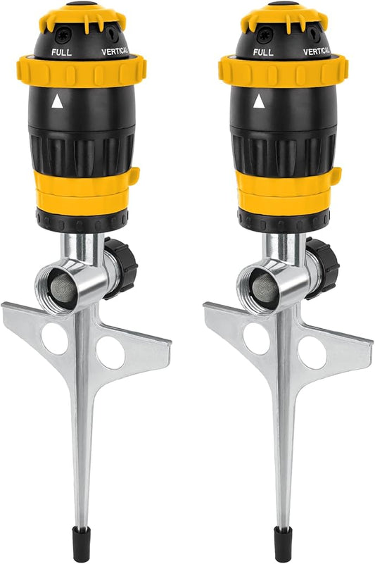 [2 Pack] RESTMO Gear Drive Sprinkler with Metal Spike Base, 5-Pattern Heavy Duty Gardening Watering System, Multi-Adjustable Lawn Sprinkle for Garden Plant, Flower Bed and Large Yard Area, Yellow