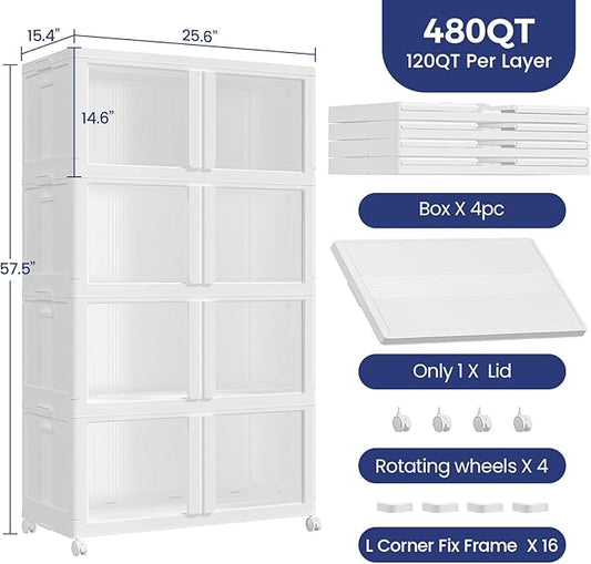 480Qt Stackable Storage Bins with Lid and Wheels, 120Gal Plastic Closet Organizer and Storage Drawer, Large Collapsible Storage Box Cabinet with Clear Door for Home Kitchen Office, 4Pack White