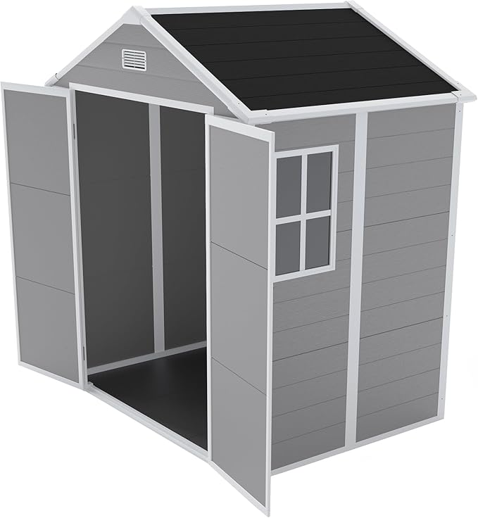 Resin Storage Shed 6x5ft?Outdoor Storage Sheds with Floor, HD Window, Lockable Doors and Vents, Tool Shed for Bike, Garden, Backyard,Lawn, All Weather Use (Grey, 6 * 5ft)