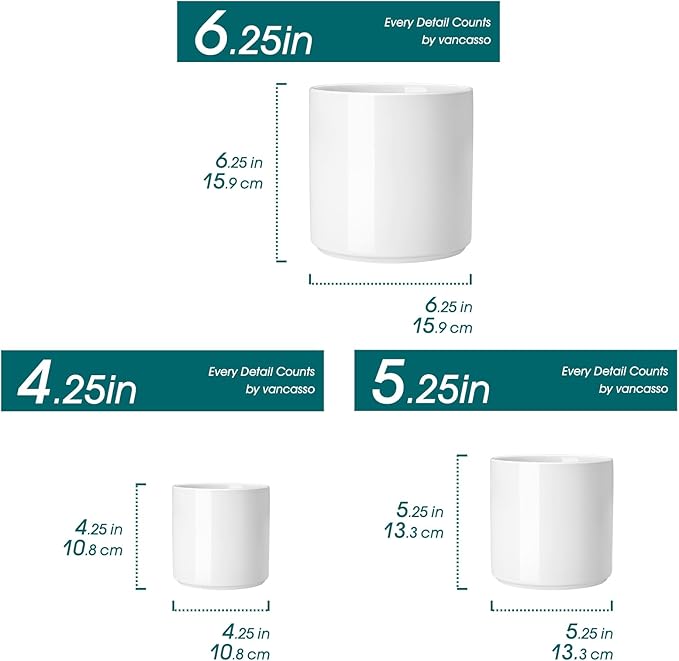 vancasso Ceramic Plant Pots, 4.25+5.25+6.25 Inch Planter Pot with Drainage Hole, Flower Pots for Indoor Outdoor Plants, Set of 3, White