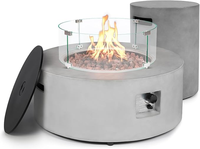 36inch Round Concrete Fire Pit Table with Propane Tank Cover & Wind Guard Shield, 3 Pieces Outdoor Gas Firepit w/Lid, Rain Cover, 50,000 BTU Modren Fire Table for Outside Patio, Backyard