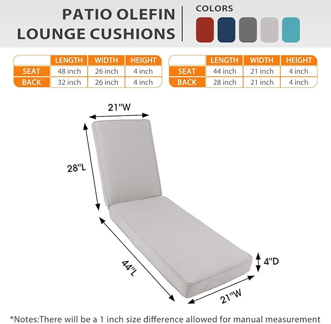 Sundale Outdoor Olefin Chaise Lounge Cushion, Water-Resistant Patio Lounge Chair Cushion, Thick Lounger Pad with 4 Straps Light Gray, 72 x 21 x 4 Inches