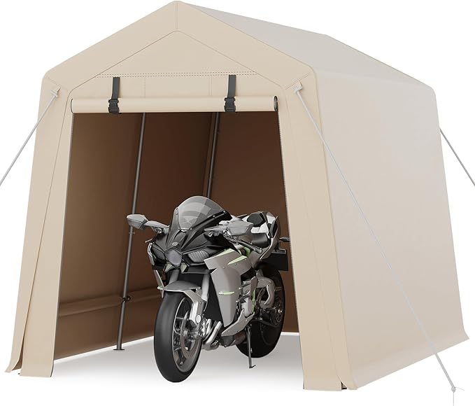 7 x 10 Ft Carport Portable Storage Shed Outdoor Tarp Sheds with Roll-Up Door, Bike Shed Storage Tent for Motorcycle, Garden Tools Khaki