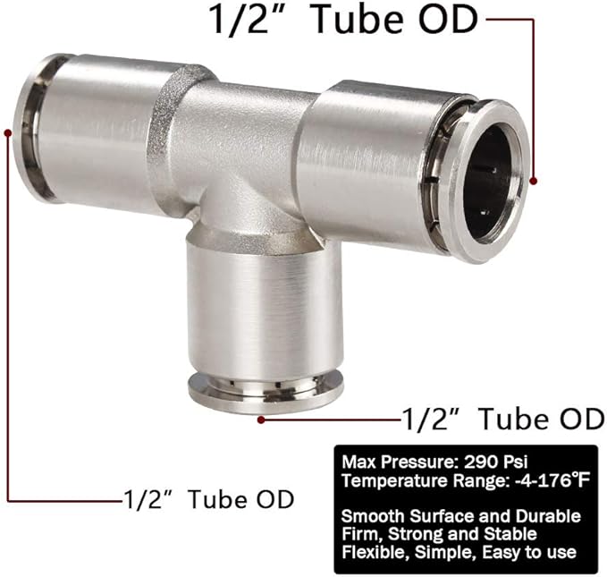 Beduan Push to Connect Tube Fitting Union Tee, Copper Nickle-Plated 1/2" Tube OD 3 Way Tee Shaped Union Adapter Fitting
