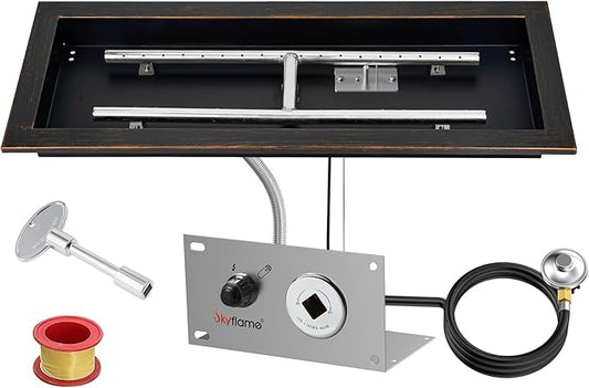 Skyflame 24 x 8 Inch Rectangular Fire Pit Pan Kit, Black Drop-in Fire Pit Pan and Burner, Come with Spark Ignition and Propane Hose, Indoor/Outdoor Fire Table DIY Decorative