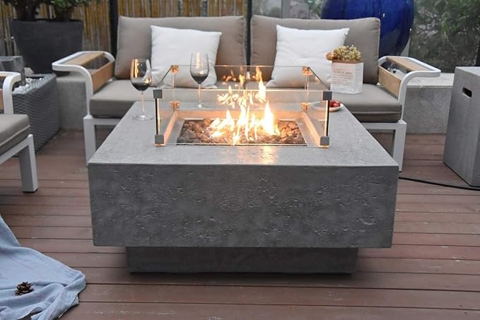 Elementi Manhattan Gas Fire Pit Cast Concrete Fire Table, Outdoor Fire Pit Electronic Ignition | Canvas Cover, Lava Rock Included | Free AMS Wind Guard | Light Gray (Propane Gas)