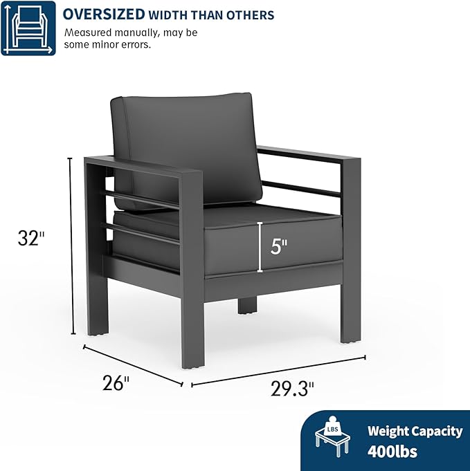 UDPATIO Patio Sofa Aluminum Patio Furniture Chair, Thickness 5" Cushion Outdoor Seating Set for Balcony(Include Waterprroof Cover)