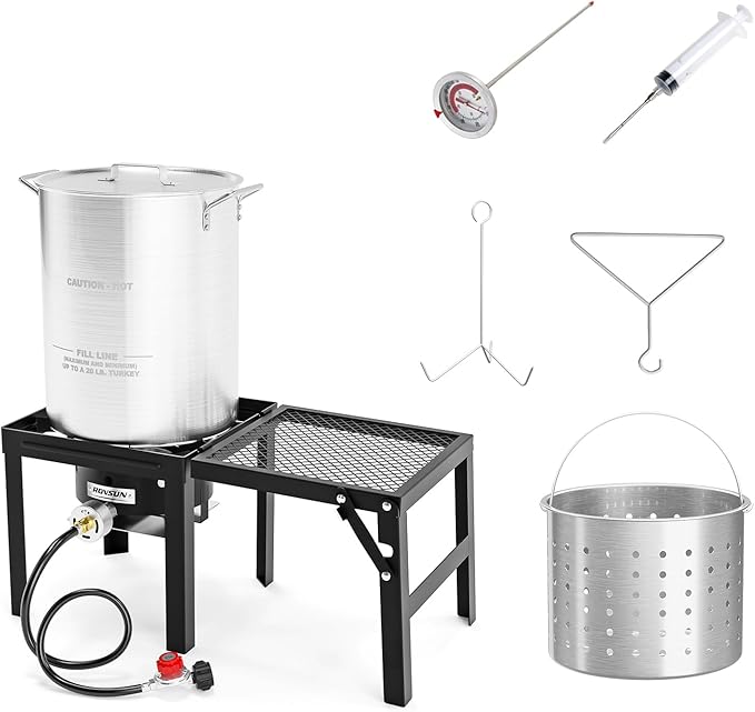 ROVSUN 30QT Turkey Fryer with 55,000BTU Propane Stove, Aluminum Deep Fryer & Seafood Crawfish Boiler Steamer with Basket, Thermometer, Marinade Injector, Turkey Rack & Rack Lifter for Outdoor Cooking