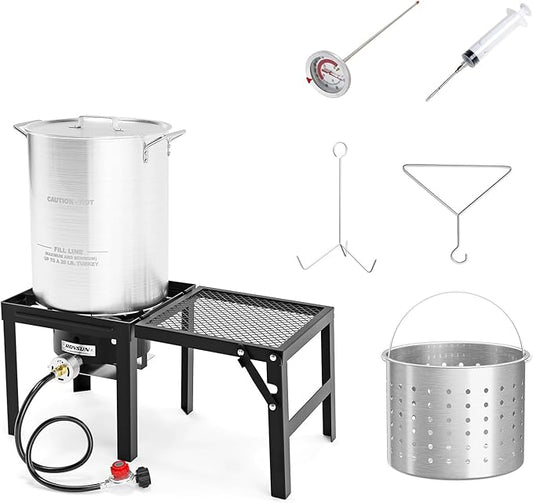 ROVSUN 30QT Turkey Fryer with 55,000BTU Propane Stove, Aluminum Deep Fryer & Seafood Crawfish Boiler Steamer with Basket, Thermometer, Marinade Injector, Turkey Rack & Rack Lifter for Outdoor Cooking