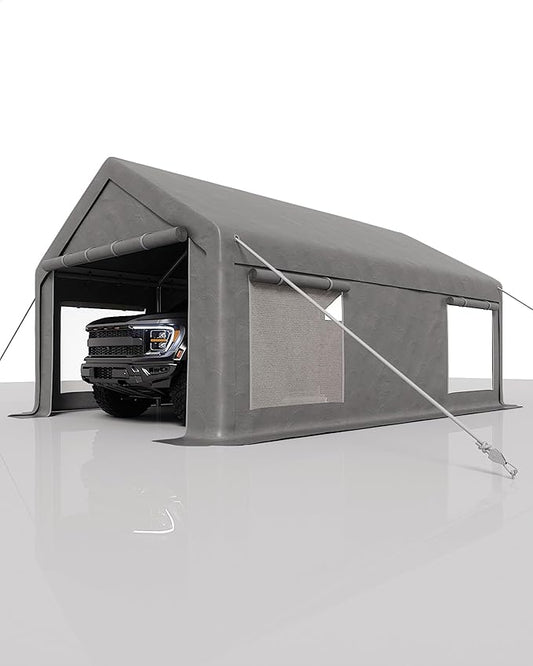 GarveeLife 10x20 ft Carport, Car Port with 200 g PE Tarp, Roll-Up Doors, and 4 Windows, for Sedans, Bass Boats, Motos, ATVs, and SUVs, Light Gray