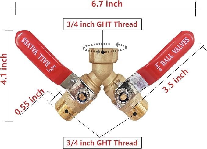 Garden Hose Splitter 2 Way,Brass Water Hose Splitter with Stainless Steel Long Handle,Outdoor Full Flow Hose Splitter Connector,Y Valve 3/4 Inch GHT Thread（Freehand Installation Version）