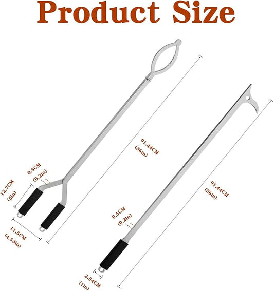 36" Stainless Steel Fire Log Tongs Firewood Grabber and Fire Poker Set,Large Fire Pit Tool Outdoor/Indoor Bonfire Campfire Backyard Deck Camping Log Grabber Safely Moves Firewood