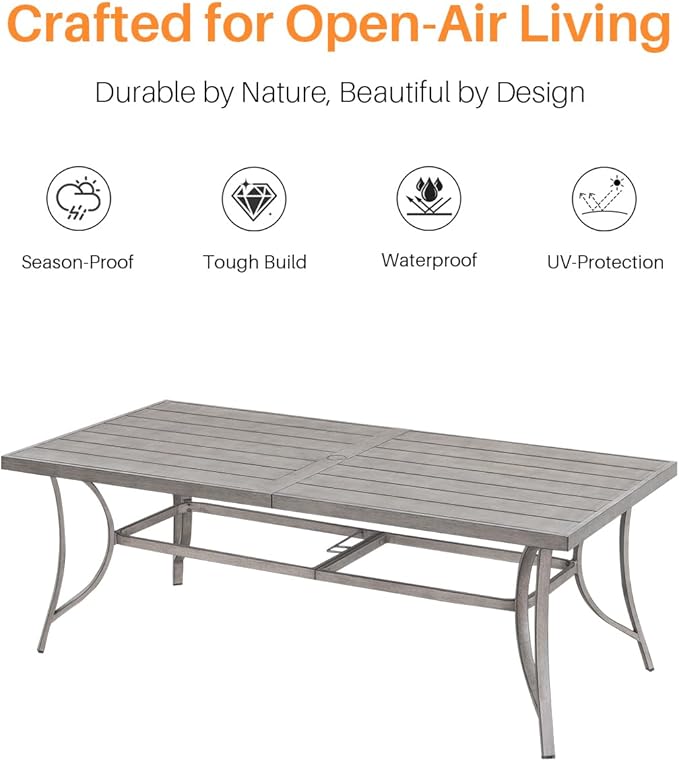 SEEHILL Aluminum Outdoor Dining Table for 8, 84" Rectangle Patio Dining Table with 2.2" Umbrella Hole, 8 Person Outdoor Dining Tables for Deck, Backyard, Garden, Poolside, Limed Oak