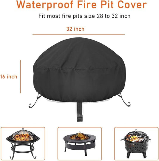 LBTING Fire Pit Cover, 32 inch Cover for 29-32 inch Round Firepit, Waterproof Windproof Dustproof UV-Resistant Heavy Duty Cover for Outdoor Patio Firepit Table - Black