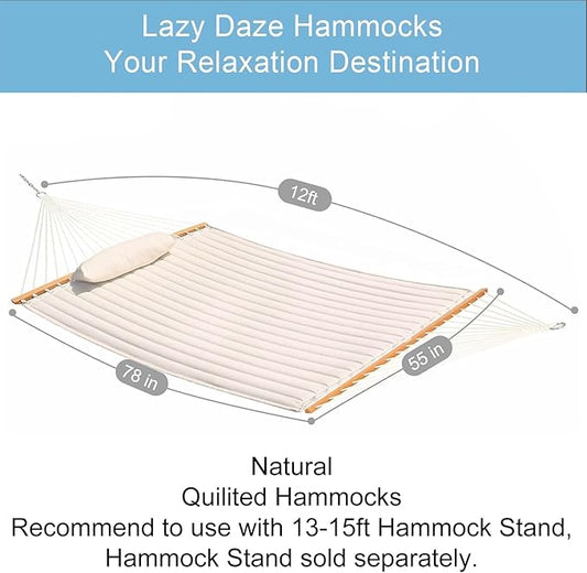 Lazy Daze Hammocks 12 FT Double Quilted Fabric Hammock with Spreader Bar and Detachable Pillow, 2 Person Hammock for Outdoor Patio Backyard Poolside, 450lbs Weight Capacity, Natural