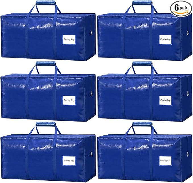 6 Pack Large Moving Bags Heavy Duty – Reusable Storage Bags with Zippers & Handles | Extra-Large Packing Bags for Moving Boxes, Clothes, Bedding, Holiday Décor & Home Storage
