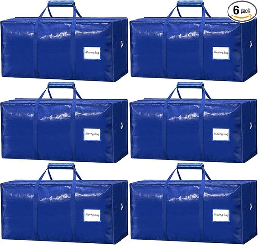6 Pack Large Moving Bags Heavy Duty – Reusable Storage Bags with Zippers & Handles | Extra-Large Packing Bags for Moving Boxes, Clothes, Bedding, Holiday Décor & Home Storage