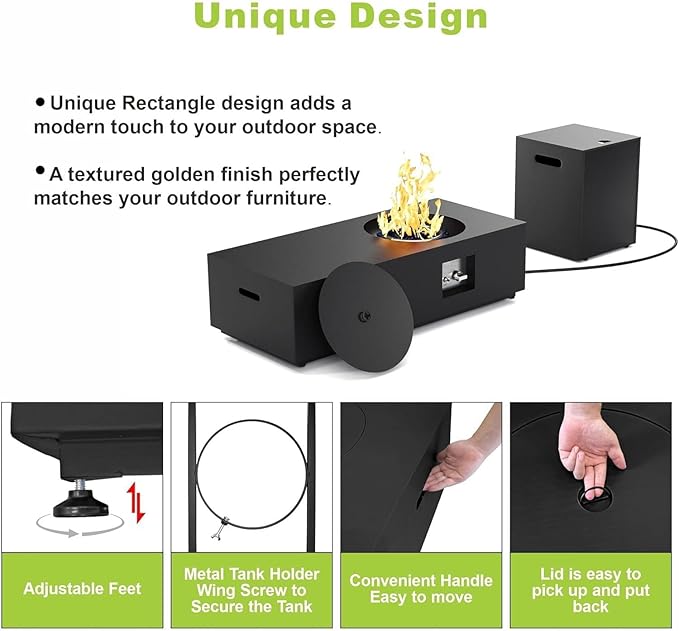 48 inch Propane Fire Pit Table, 2 in 1 Rectangular Outdoor Fire Pit with 20lb Tank Table, Outside Patio Deck and Garden, LED Gas Fire Pit Table with Lid and Stone, 50,000 BTU Adjustable Flame, Black