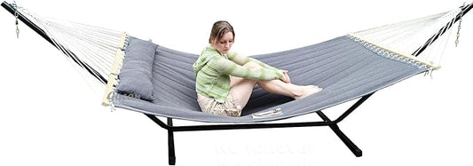 GOCAN Quilted Fabric Double Hammock Won't flip with Stand and Spreader Bars,Safer and Sturdier,Quality Hammocks for Outdoor Indoor Patio Yard Two Sided Dual use Deep Grey